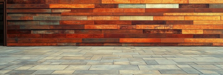 The wooden wall showcases diverse hues while the stone pathway invites exploration on a bright, sunny day