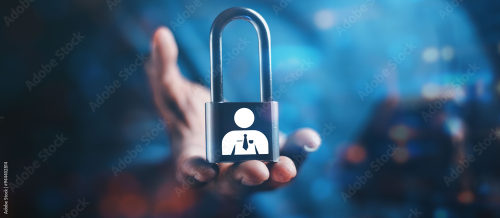 Poster concepts of cybersecurity, data protection, access to private information on the internet online