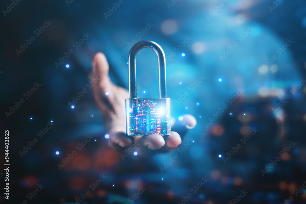 Poster concepts of cybersecurity, data protection, access to private information on the internet online