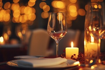 Obraz premium Elegant table setting with candles in restaurant. Selective focus. Romantic dinner setting with candles on table in restaurant.