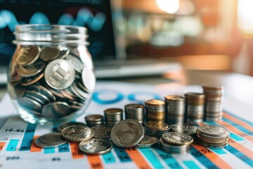 A jar full of coins is on a table next to a graph, generative ai image