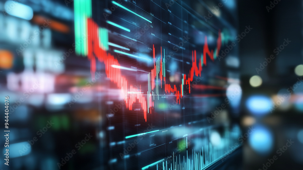Poster a gradient up arrow transitioning from red to green, on a blurred background of financial indicators