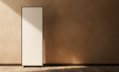  a Blank Vertical Billboard Mockup on Black Square Stand in Modern Room with Wooden Floor and Brown Wall
 