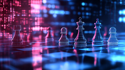 An abstract digital chessboard with neon pieces, floating in a futuristic blurred background, representing modern strategic thinking and technological advancements in business.