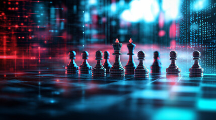 An abstract digital chessboard with neon pieces, floating in a futuristic blurred background, representing modern strategic thinking and technological advancements in business.