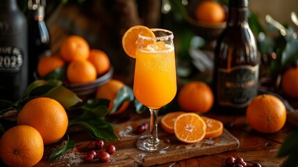 Orange mimosa cocktail on wooden table