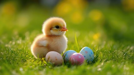 Charming Chick with Festive Easter Eggs in a Grass Field