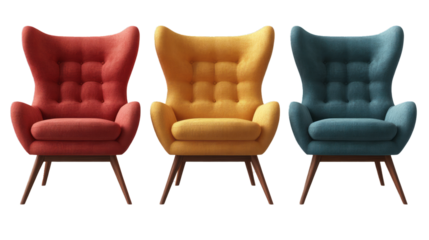 Collection of 3d render armchair scene creator rendering for interior design or decoration projects on transparency background PNG
