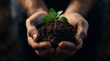 Nurturing Growth: Hands Holding Young Seedling in Rich Soil for Sustainable Future