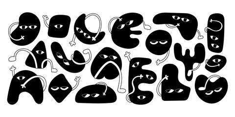 Black and white abstract cute funny characters set. Comic doodle shapes, abstract figures of different shapes with eyes. Childish flat vector illustrations isolated on white background. 