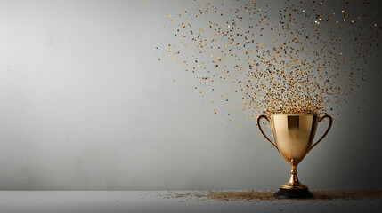 A minimalist design of a gold winner's cup against a plain gray background, highlighted by a subtle burst of shimmering confetti and glitter, symbolizing understated elegance and a
