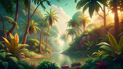 retro lush tropical jungle islands background