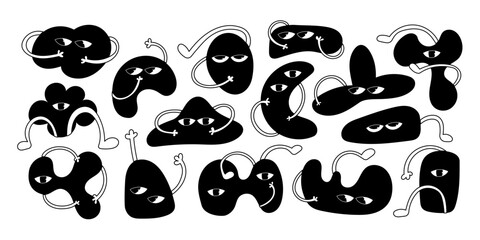 Set of Various black and white Doodle shapes with face emotions. Different figures. Hand drawn trendy Vector illustration for kids. Cute funny characters. All elements are isolated