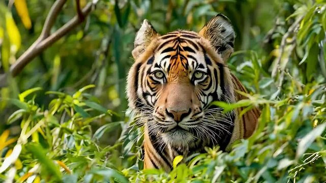 A tiger  is standing in  the jungle , surrounded by  green leaves 