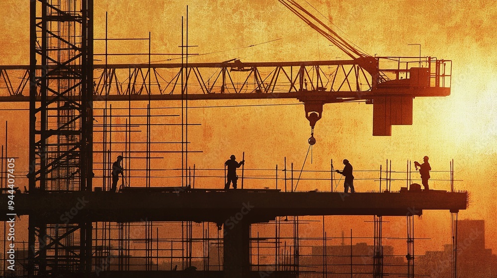 Poster a close-up of workers assembling a crane at a construction site with scaffoldings in the background