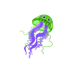 Fototapeta premium Green smiling jellyfish with eyes and long purple tentacles.