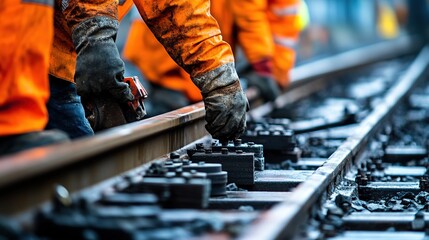 A close-up of workers fastening rail ties during rail track construction