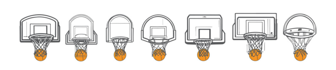 Hand-drawn collection of basketball hoops net and Basketball ball. Line art vector illustration. eps 10