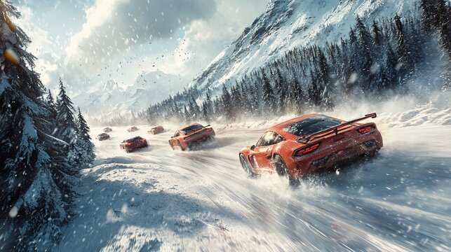 A winter car rally on a snow-covered mountain road, with vehicles skidding around sharp curves and snow flying in all directions