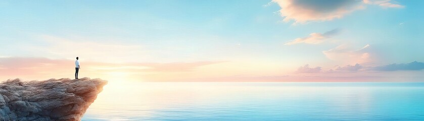 Fototapeta premium An entrepreneur standing on a rugged cliff overlooking the ocean at sunrise