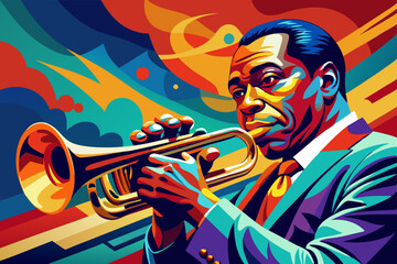 A bold and abstract illustration of a trumpet player, featuring striking colors and dynamic lines, capturing the essence of musical performance and artistic innovation
