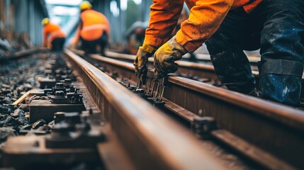 A close-up of workers fastening rail ties during rail track construction