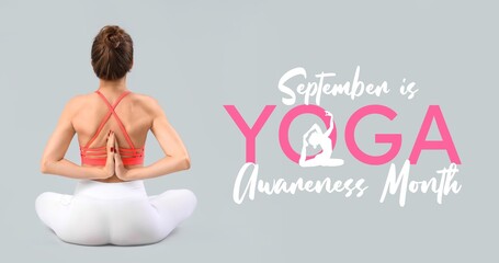 Banner for Yoga Awareness Month with meditating young woman on grey background