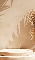 Minimalist Podium with Soft Peach Tones and Abstract Palm Leaf Shadow on Beige Background