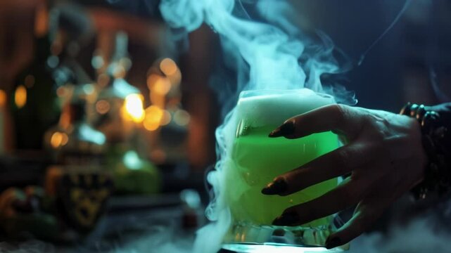 Witch hand and green color cocktail or potion with smoke in witch's study for Halloween, mystical, creepy atmosphere