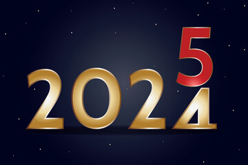 New year 2025 . year changing 2024 number to 5 on dark blue background.  Celebrate style with gold and red