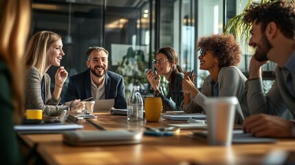 A diverse group of professionals engaging in a collaborative meeting in a modern office setting during daylight