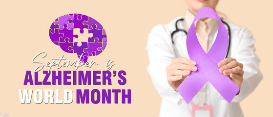 Female doctor with pink ribbon on beige background, closeup. Breast cancer awareness concept