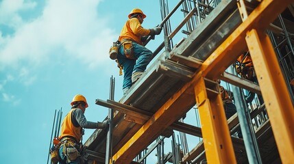 A close-up of workers securing steel beams on a scaffold at a construction site with safety gear in use