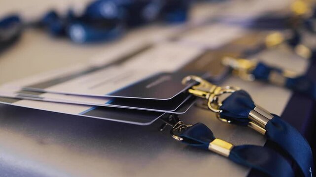 Process of checking in on a conference congress forum event, registration desk table, visitors and attendees receiving a name badge and entrance wristband bracelet and register electronic ticket