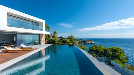 Fototapeta premium Chic Villa Boasting Infinity Pool and Expansive Sea Horizon