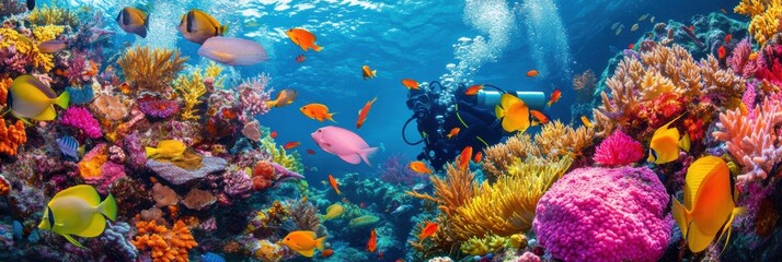 Diver with colorful beautiful coral reef with sea life fishes