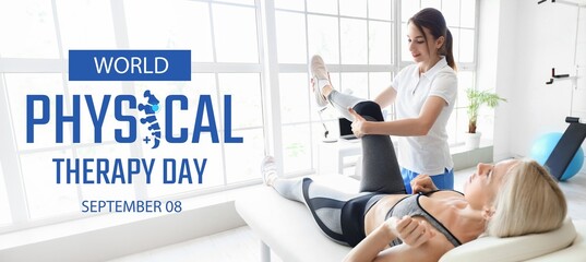 Female physiotherapist working with mature woman in rehabilitation center. Banner for World...