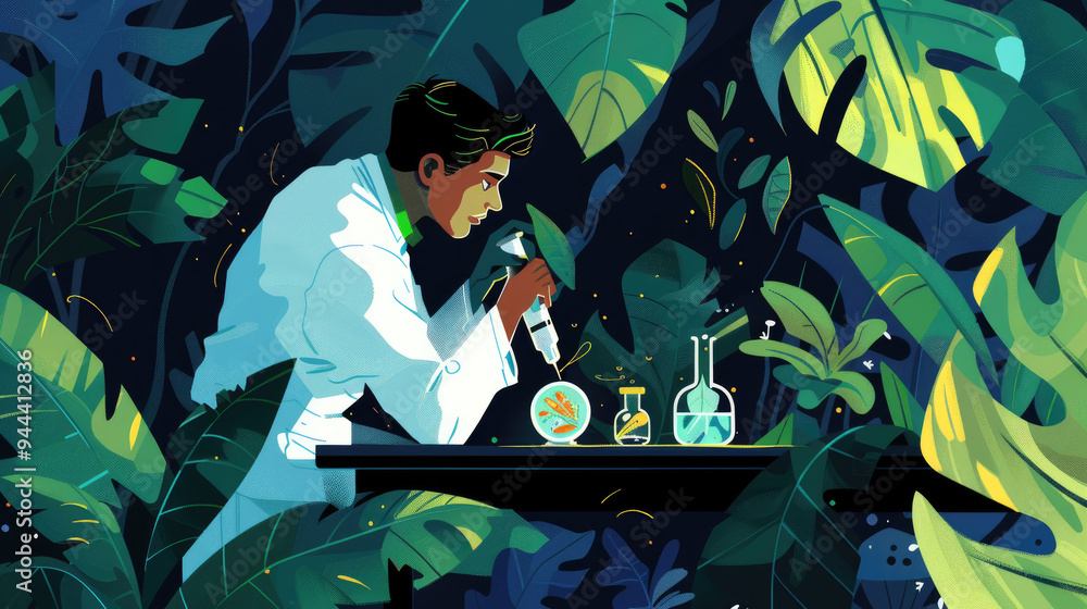 Poster a scientist examines samples while immersed in nature, creating an innovative blend of research and 