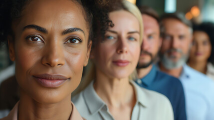 Obraz premium Portrait of successful group of business people at modern office looking at camera. Portrait of happy businessmen and satisfied businesswomen standing as a team. Multiethnic group of people smiling 