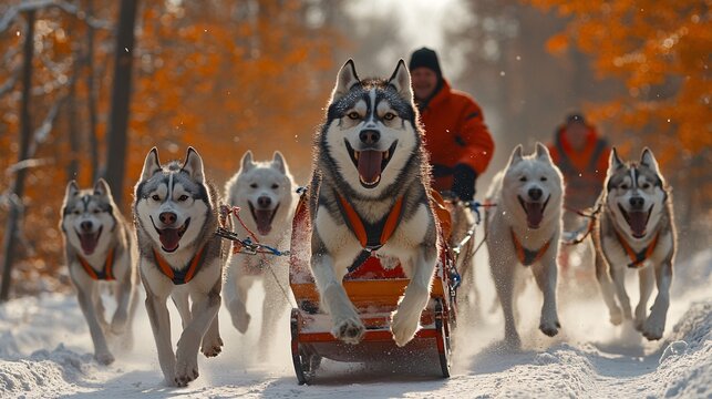 A group of huskies pulling sleds in a competitive dog sled race, speeding through a snowy forest path with focused mushers