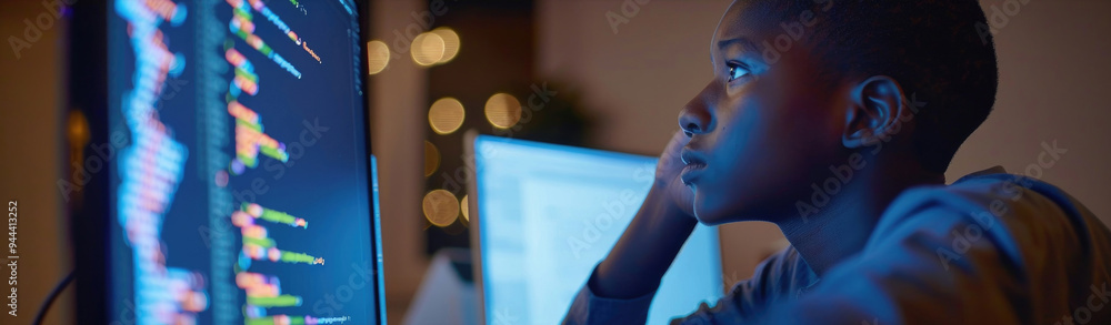Poster a young individual intensely engages with coding on a computer, illuminated by screen light, surroun