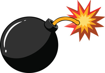 Exploding black bomb vector illustration with bright orange explosion and fuse lit on