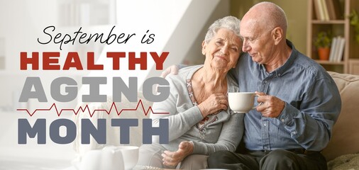 Banner for Healthy Aging Month with senior couple at sea resort