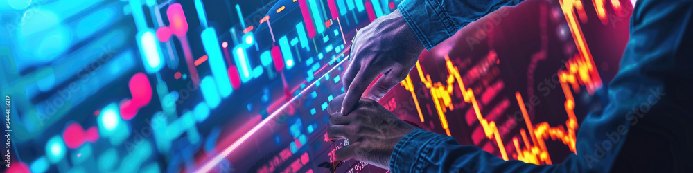 Poster a person engages with a vibrant digital display, analyzing data trends and patterns in a contemporar