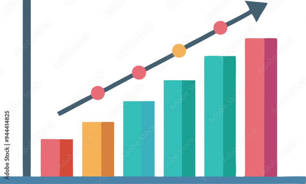 Poster flat vector bar graph with an upward trend arrow and colorful bars symbolizing business growth and s