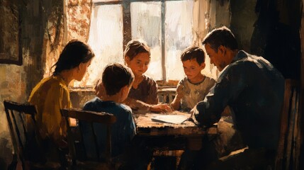 Poor Family Discussing Home Problems: Worried Faces in Third-Class Room Highlighting Poverty, Hardship, and Economic Issues