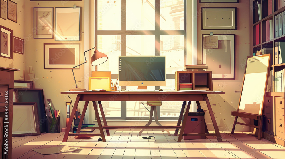 Aufkleber sunlight streams through large windows illuminating an organized workspace with a modern computer an