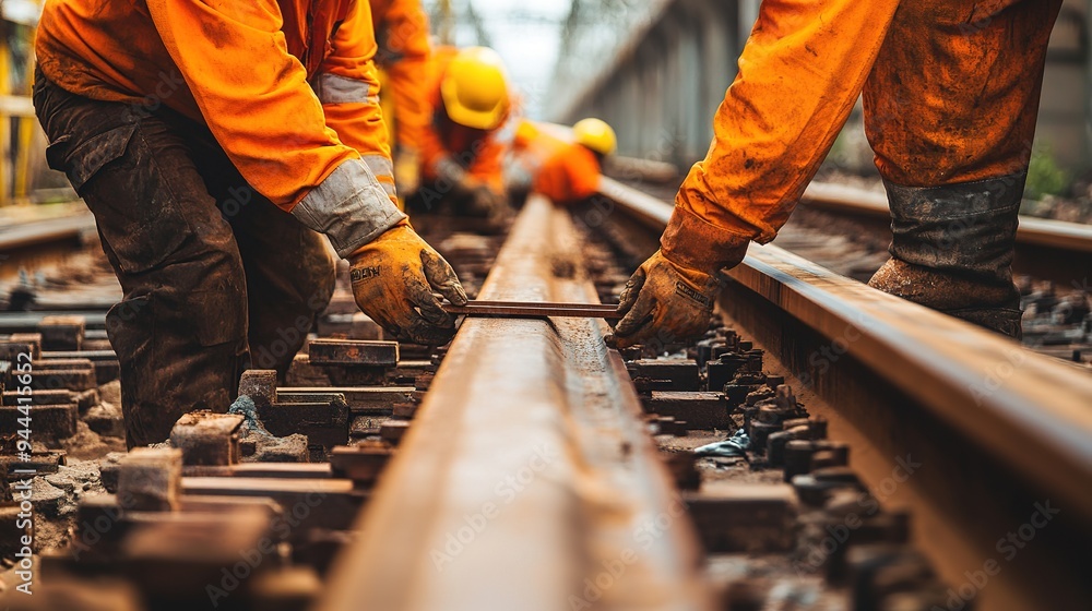 Poster a construction crew aligning and securing rail tracks on a newly built railway line