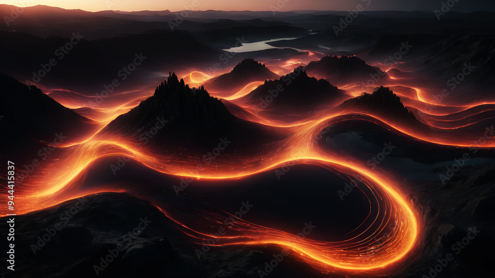 Poster a dynamic wave of data points flowing through a dark digital landscape