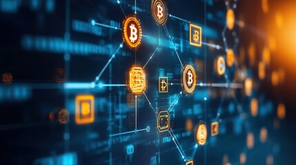 Obraz premium Glowing Blockchain Network with Cryptocurrency Symbols in Hyper-Realistic Style Representing Innovation in Digital Finance